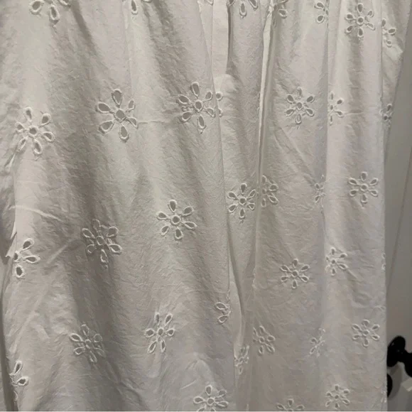 White Floral Eyelets Cotton Maxi Skirt with Elastic Waist and Pockets - Picture 3 of 7